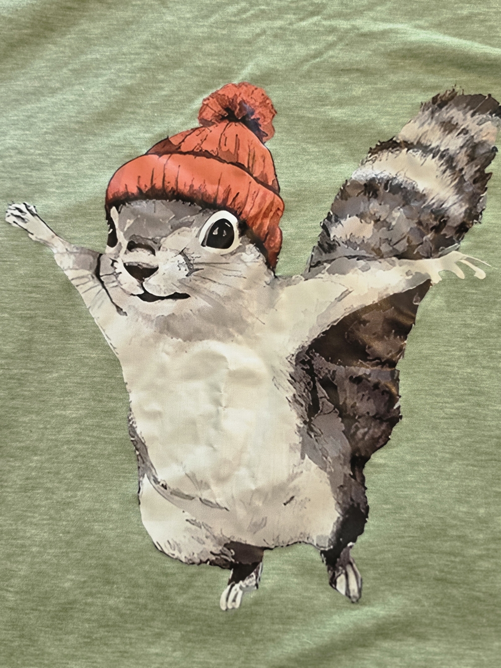 Playful Squirrel Graphic Long Sleeve Tee - Green with Orange Beanie